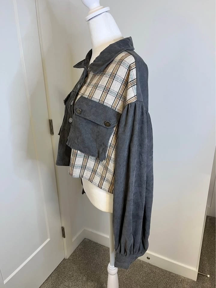 SHEIN Gray/Plaid-Panel Button Front Jacket - Size M - photo 2