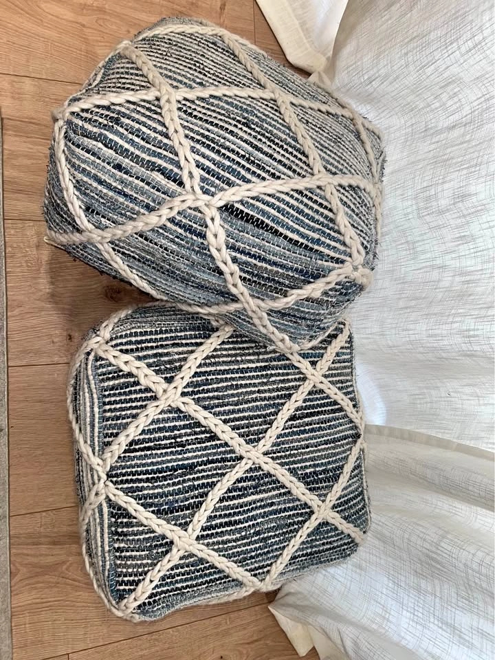 Boho Square Poufs in Blue and Natural - Handloom Woven