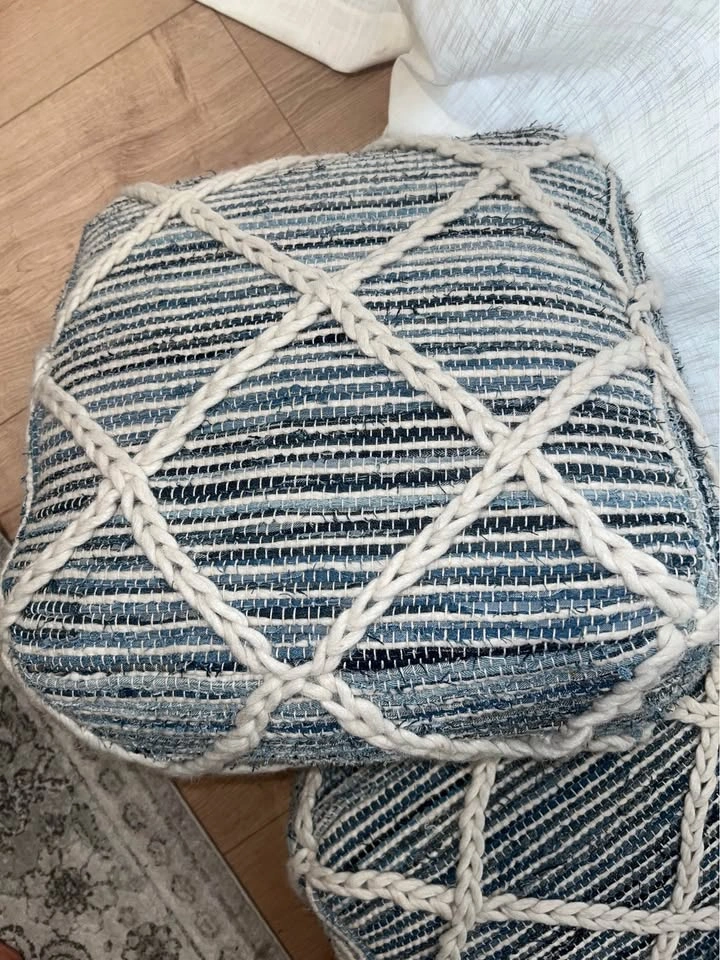 Boho Square Poufs in Blue and Natural - Handloom Woven - photo 3