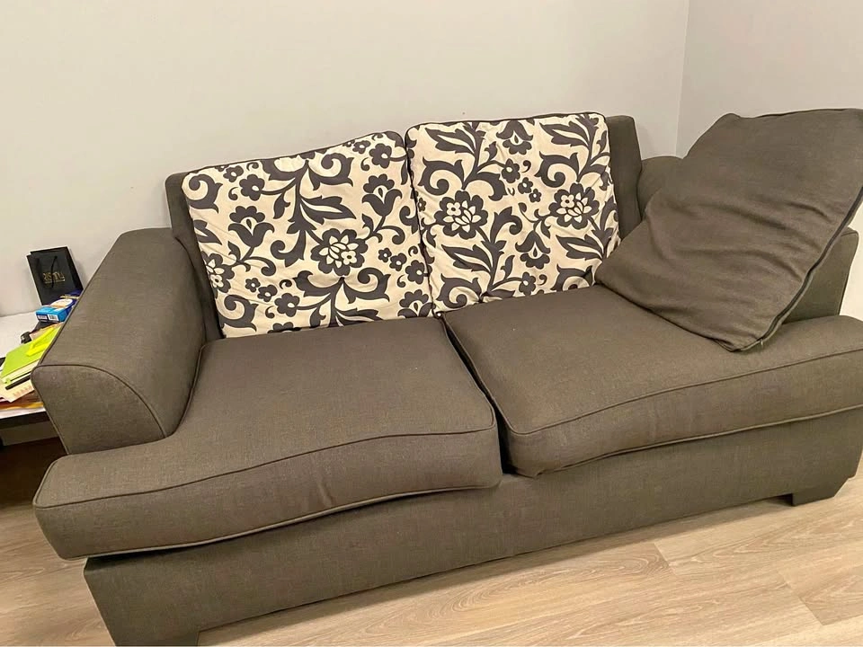 Gray Two-Cushion Sofa with Floral Patterned Back Pillows