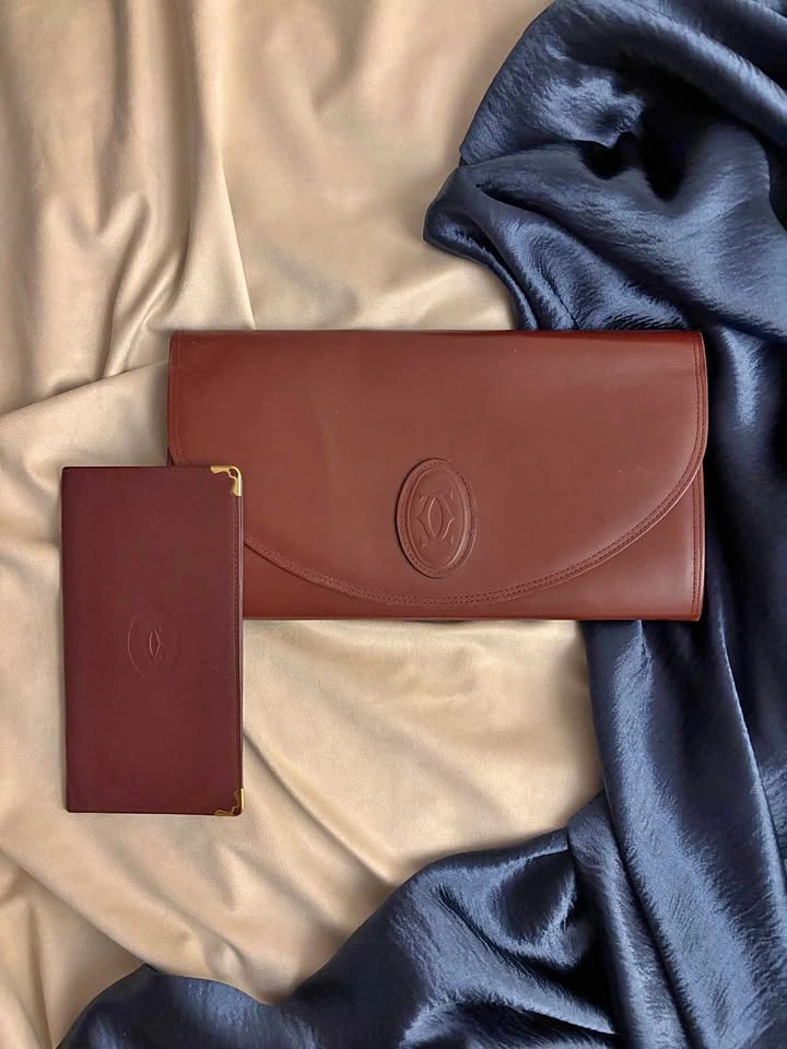 Vintage Must de Cartier Bordeaux Leather Clutch & Long Wallet Se