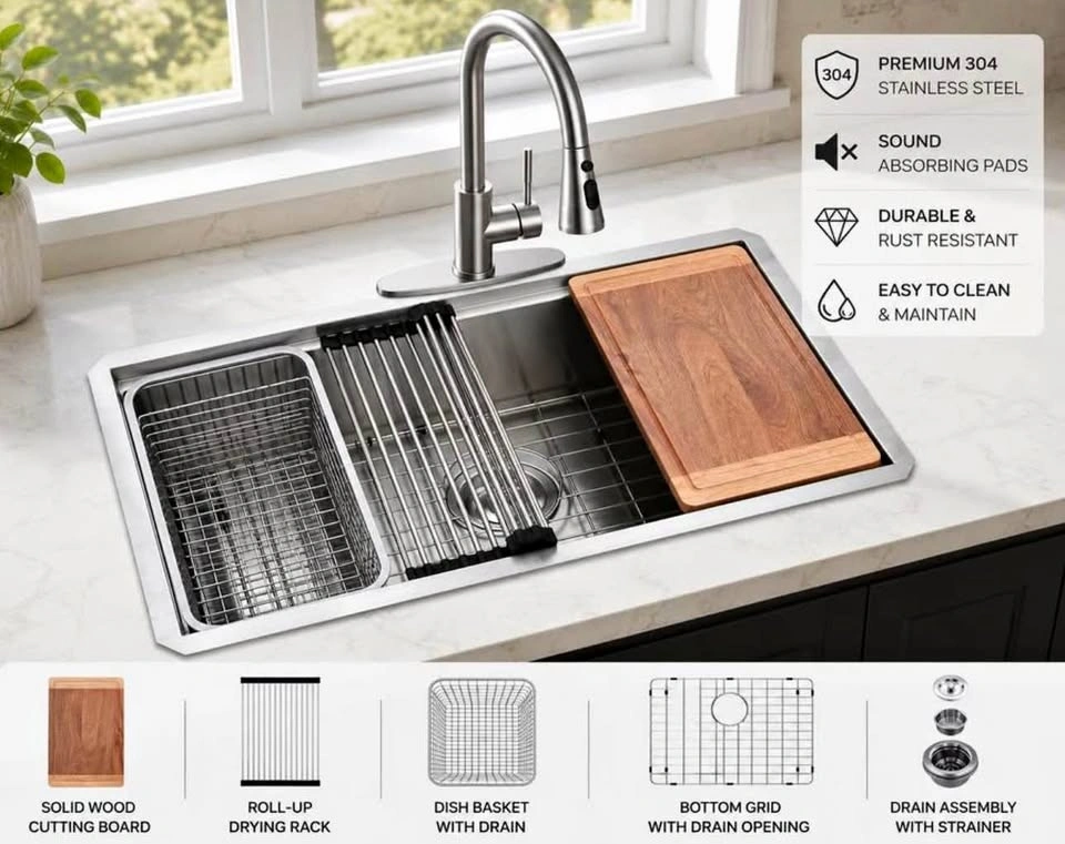 Brand New 27” Workstation Kitchen Sink with Pull-Down Faucet