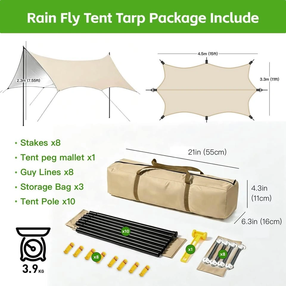 Camping Rain Fly Tarp with Heavy Duty Poles (GREEN) - photo 2