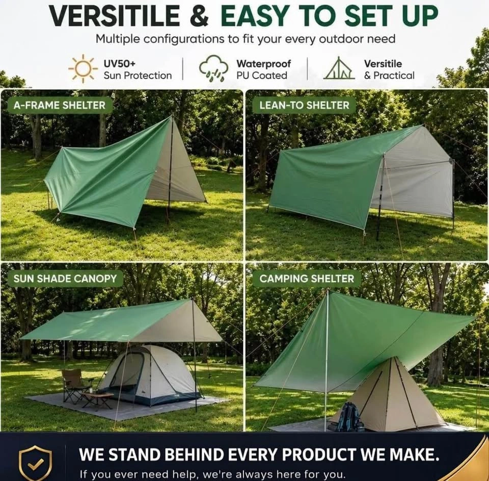 Camping Rain Fly Tarp with Heavy Duty Poles (GREEN) - photo 3