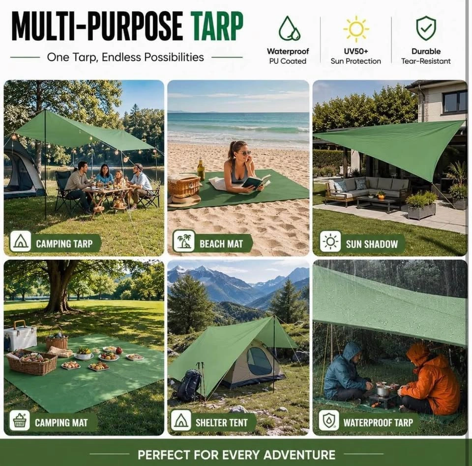 Camping Rain Fly Tarp with Heavy Duty Poles (GREEN) - photo 5