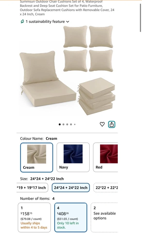 Outdoor Chair Cushions Set of 4 –Cream (24”x24”) - photo 2