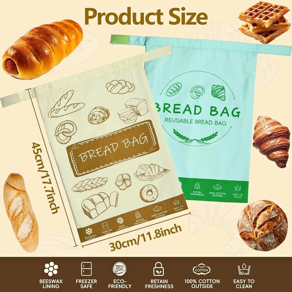 New~Beeswax Bread Bags,Food Storage, Reusable,12 x 17.7in(2 PK) thumbnail