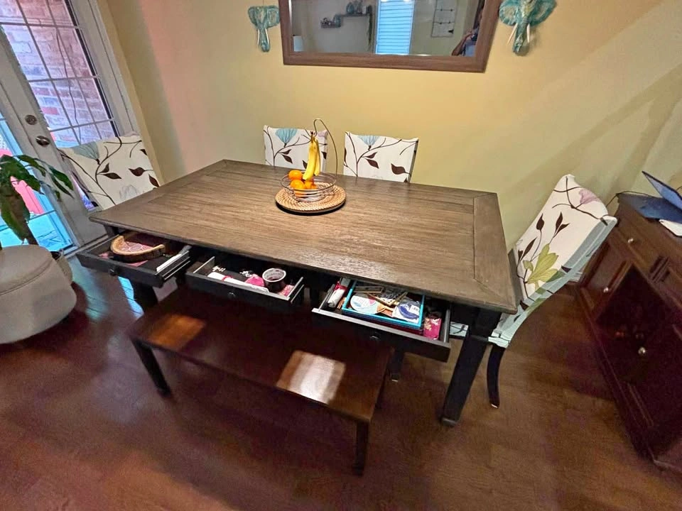 Wooden dining table with 4 chairs and bench