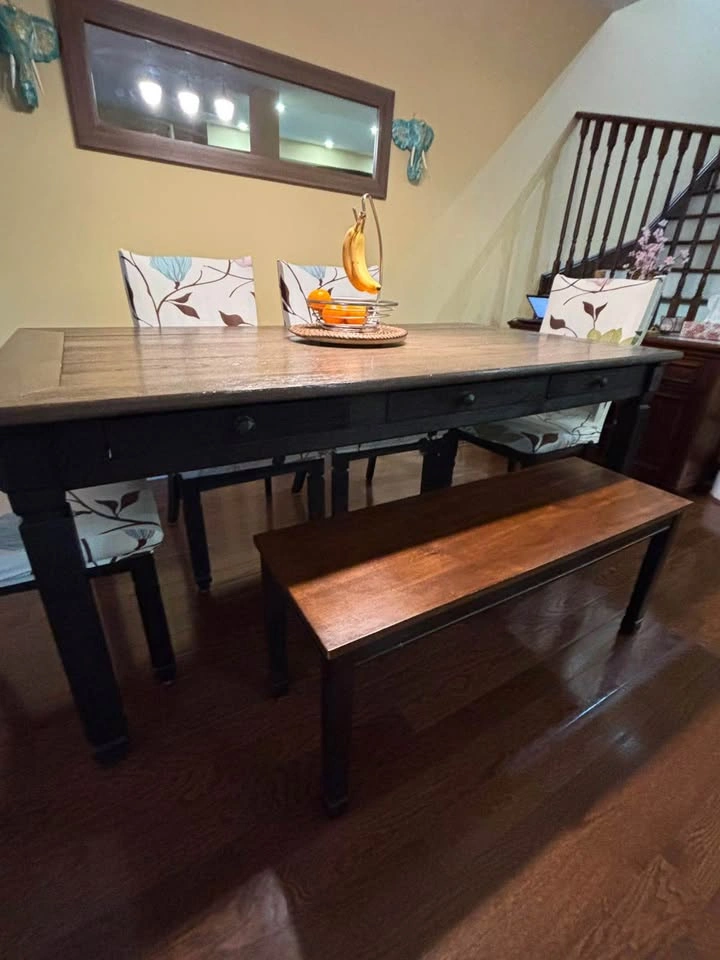 Wooden dining table with 4 chairs and bench - photo 4