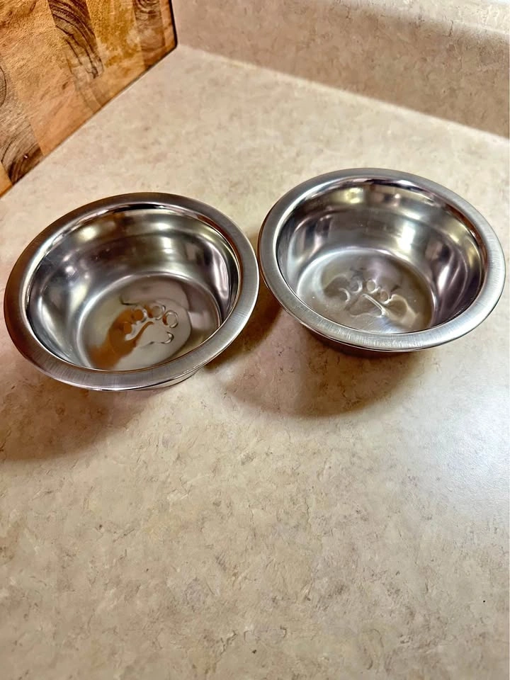 Set of 2 Stainless Steel Paw Print Pet Bowls