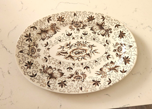 Dutch Garden Oval Floral Platter White/Brown Ceramic 12in
