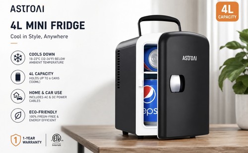 AstroAl Portable Mini Refrigerator Car & Wall Adaptors 4L