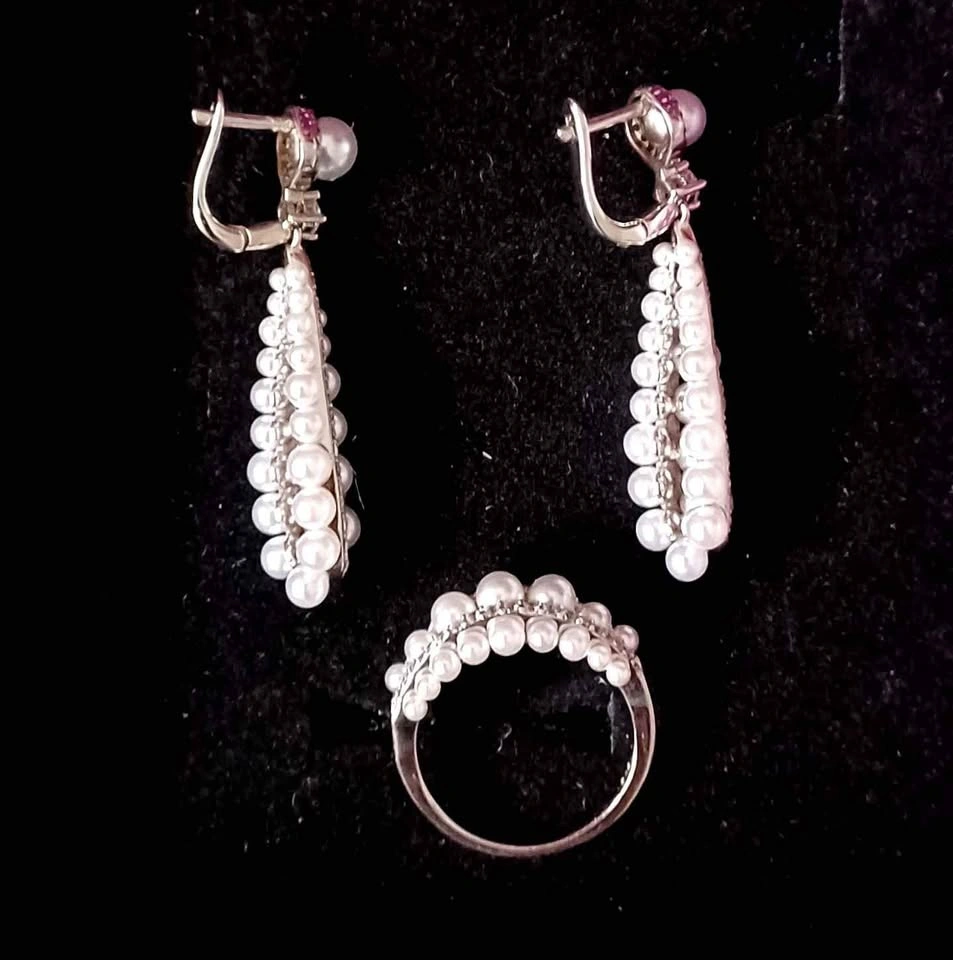 Silver and pearls earring and ring set - photo 2