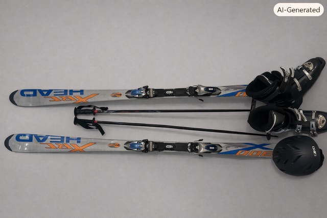 Pair of Head skis, poles, boots and helmet