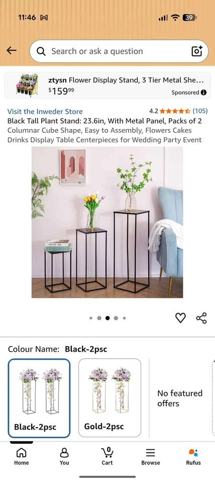 Black Tall Plant Stand: 23.6in, With Metal Panel, Packs of 2 - photo 4