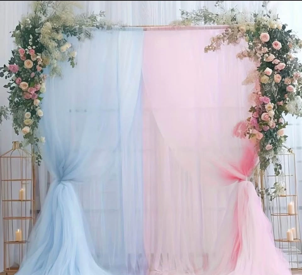 Sheer curtain backdrop gender reveal pink and blue - photo 3