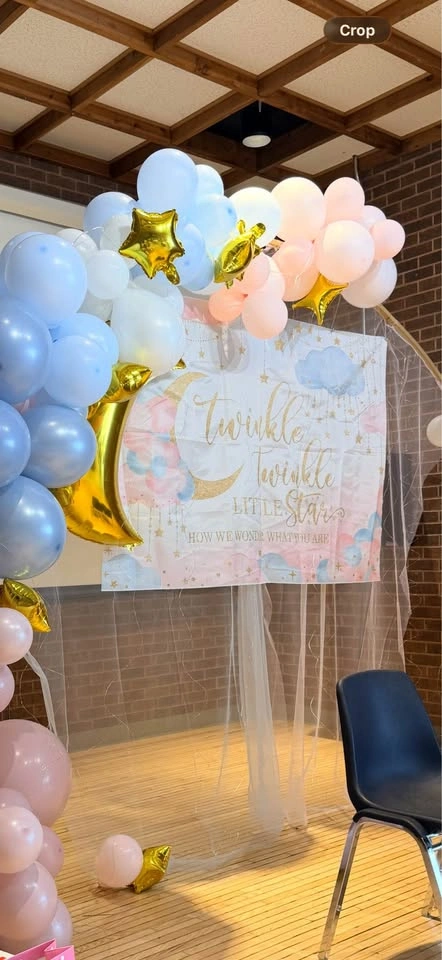 Sheer curtain backdrop gender reveal pink and blue - photo 4