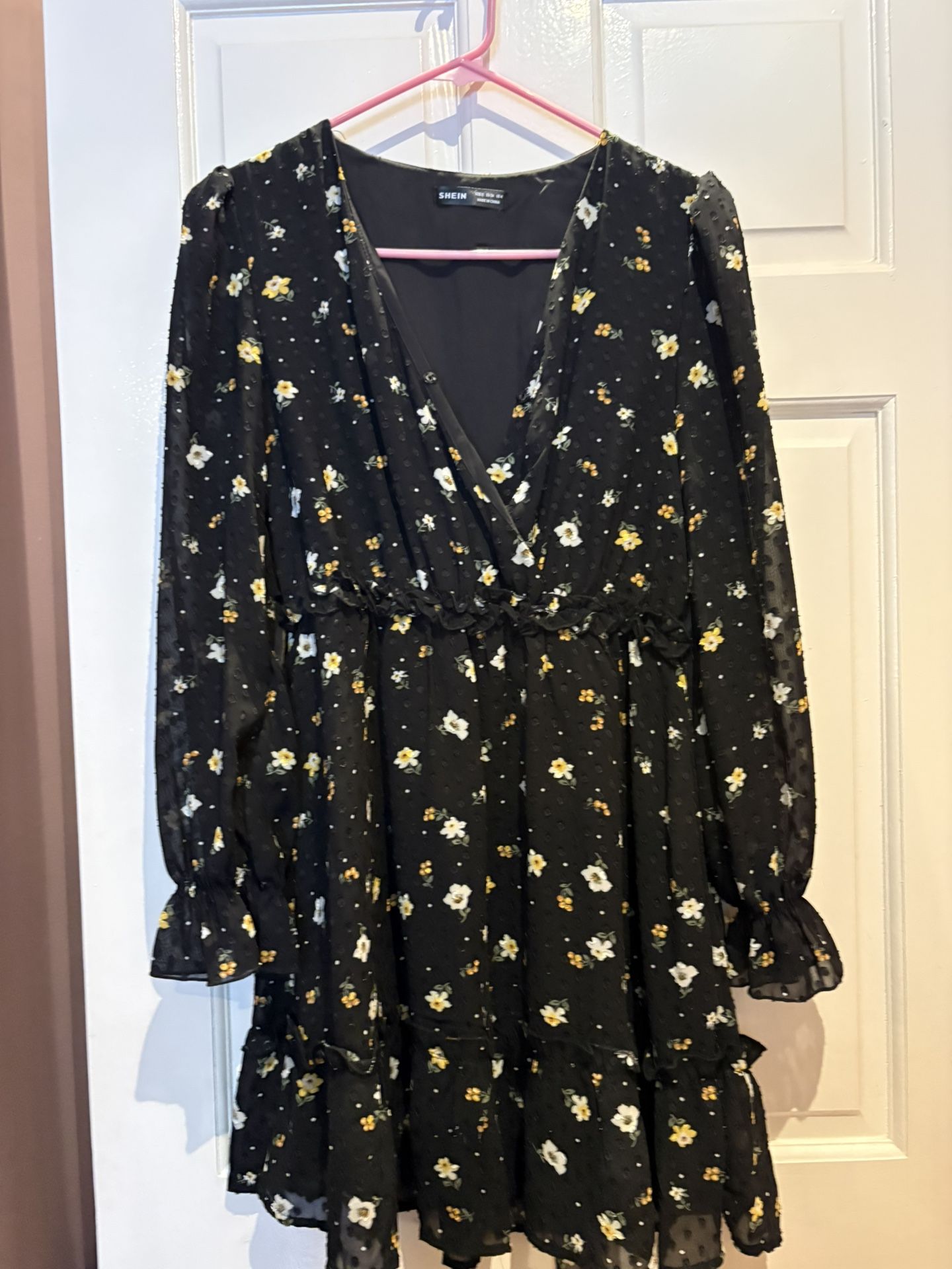 SHEIN black floral print smocked waist ruffle mini dress