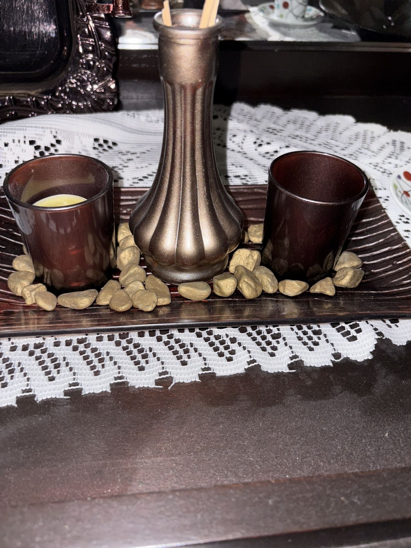 Modern Brown Metal Wood Cylinder Tea Light Candle Holder Set