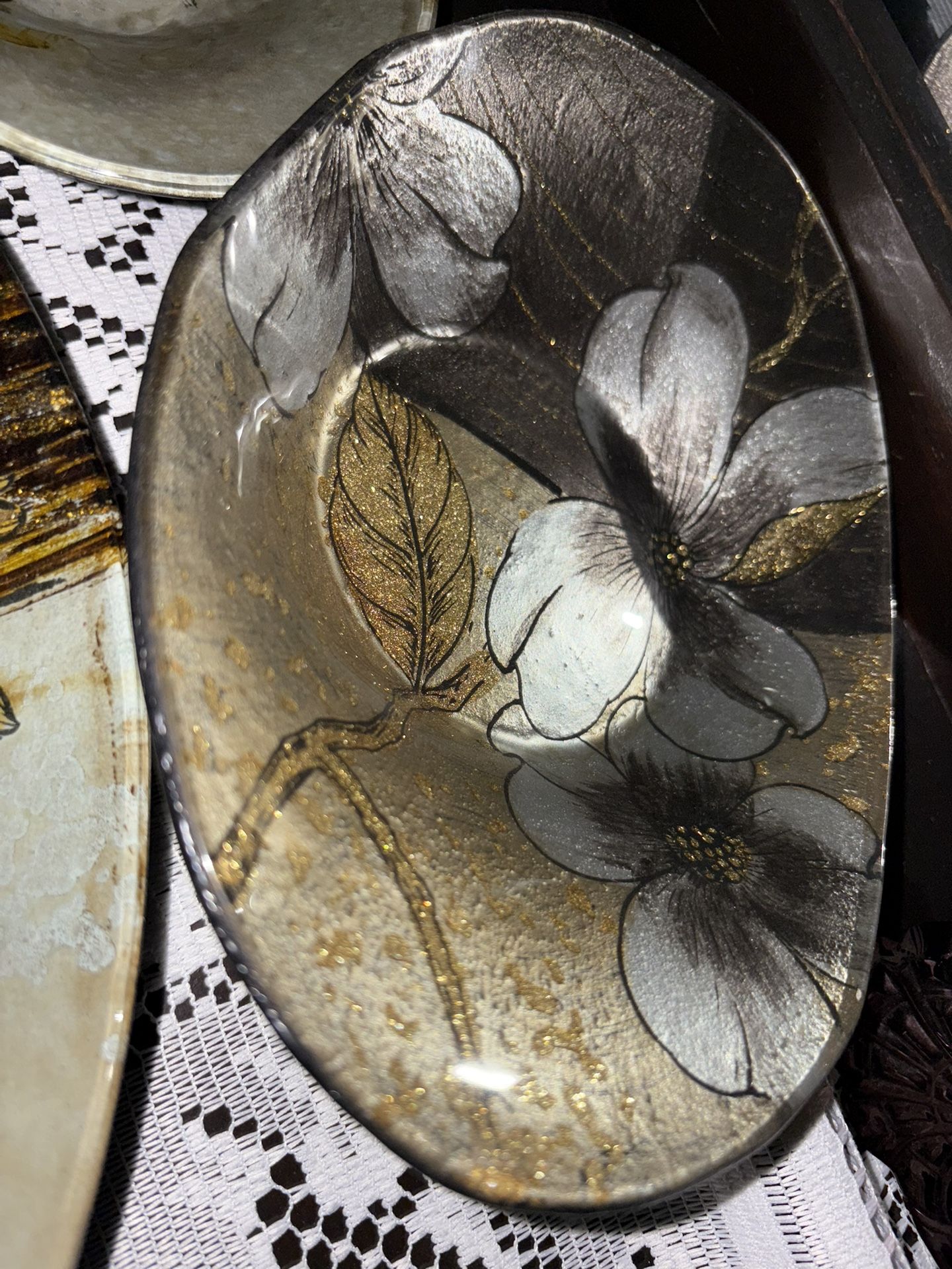 Floral Glass Oval Decorative Plates Set Multicolor Glossy Finish - photo 5
