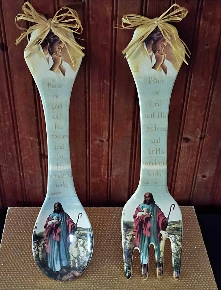 Jesus Wall Spoon and Fork Plaques Rare 70s Quote Pair Ceramic