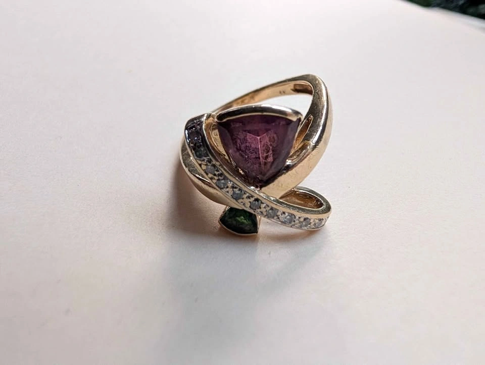 14K Gold Trillion Cut Pink and Green Tourmaline Ring with Diamon