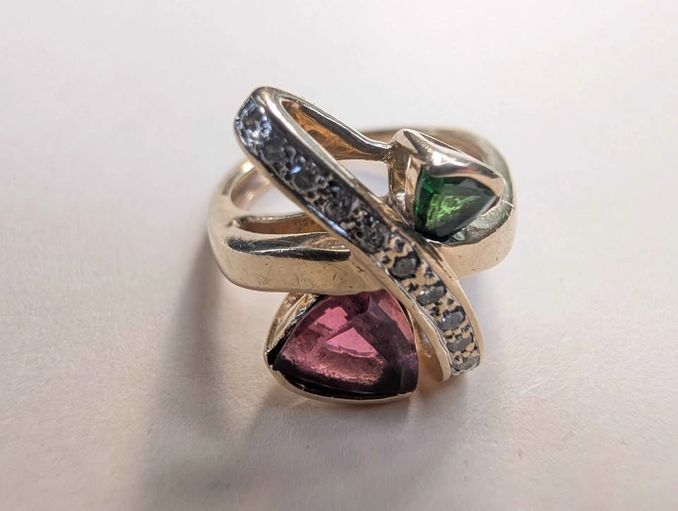14K Gold Trillion Cut Pink and Green Tourmaline Ring with Diamon - photo 2