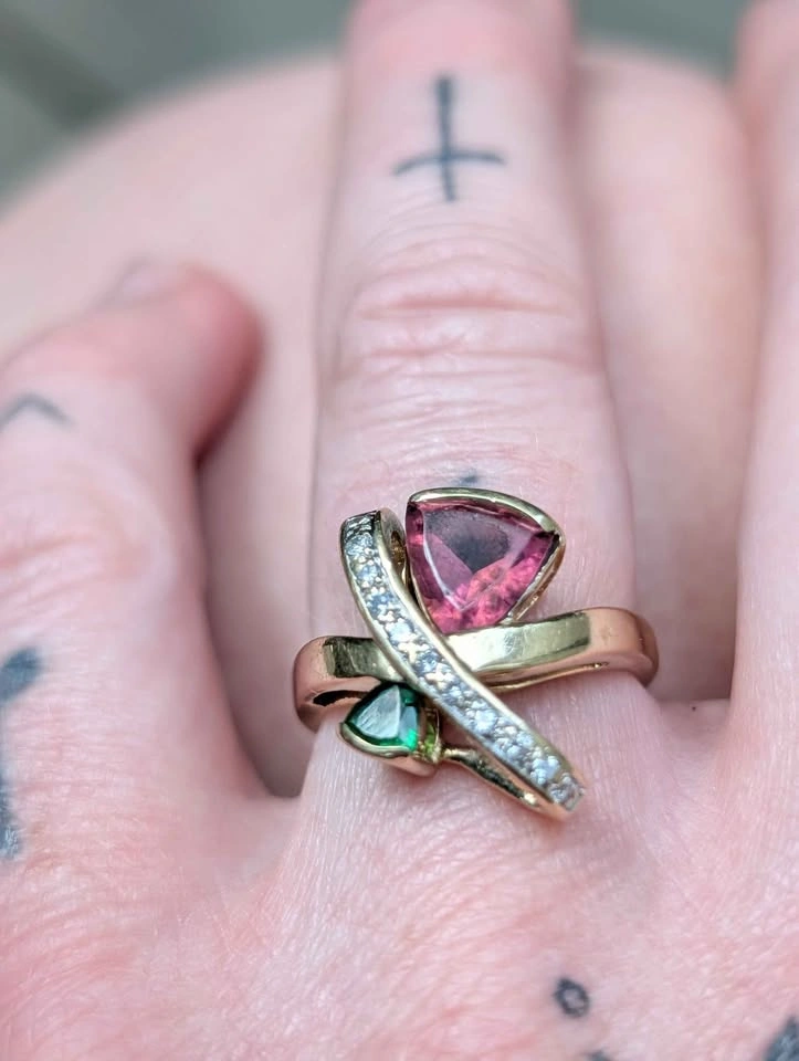 14K Gold Trillion Cut Pink and Green Tourmaline Ring with Diamon - photo 3