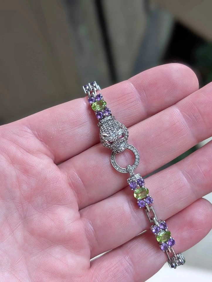 Panther Head Amethyst and Peridot Bracelet