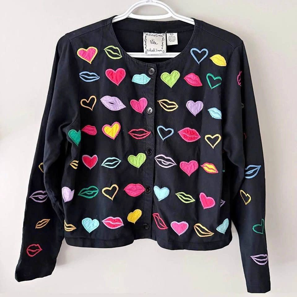 Vintage Michael Simon Cardigan Sweater Hearts & Kisses Size Smal