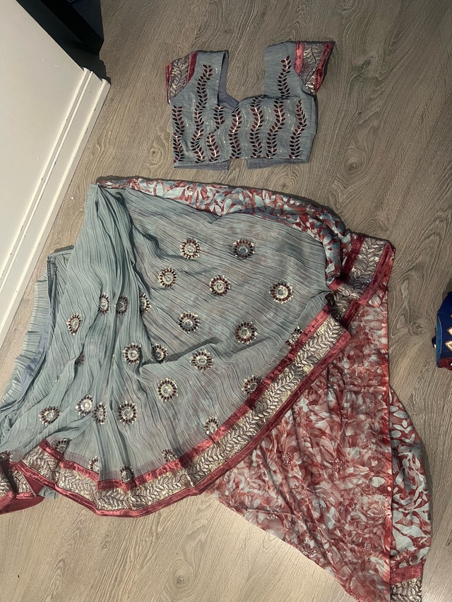 Grey Silver Mirror Work Lehenga Choli Set with Maroon Border