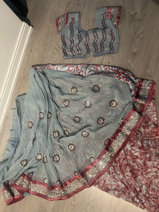 Grey Silver Mirror Work Lehenga Choli Set with Maroon Border - photo 2