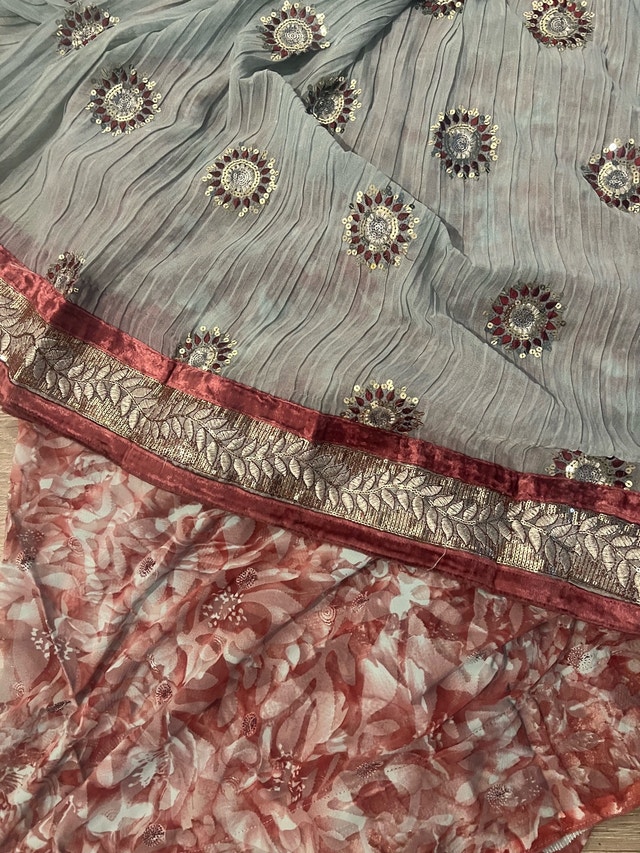 Grey Silver Mirror Work Lehenga Choli Set with Maroon Border - photo 4