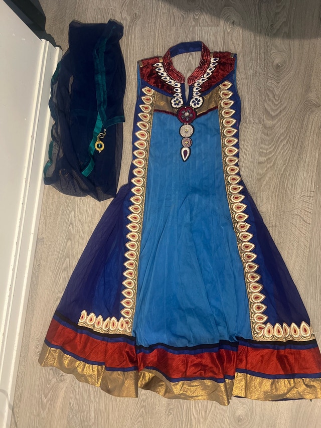 Blue Red Gold Embroidered Anarkali Suit with Dupatta – Festive