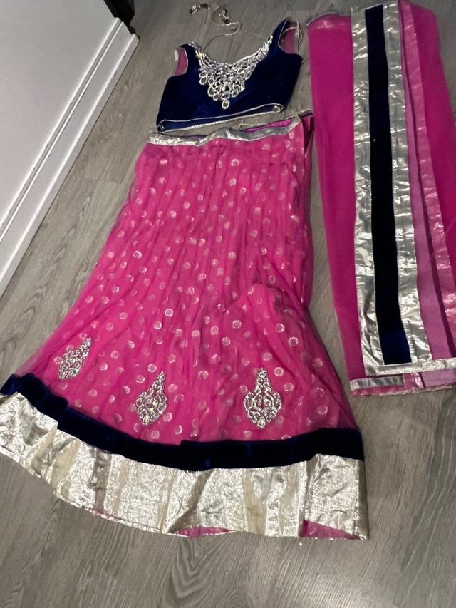 Stunning Navy Blue Velvet Pink Net Lehenga Choli Set - photo 2