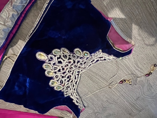 Stunning Navy Blue Velvet Pink Net Lehenga Choli Set - photo 4