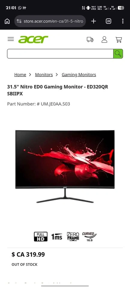 Acer 32" Sbiipx Curved Gaming Monitor | 165Hz | 1ms - photo 4