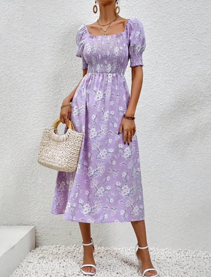 Purple Floral Smocked Maxi Dress