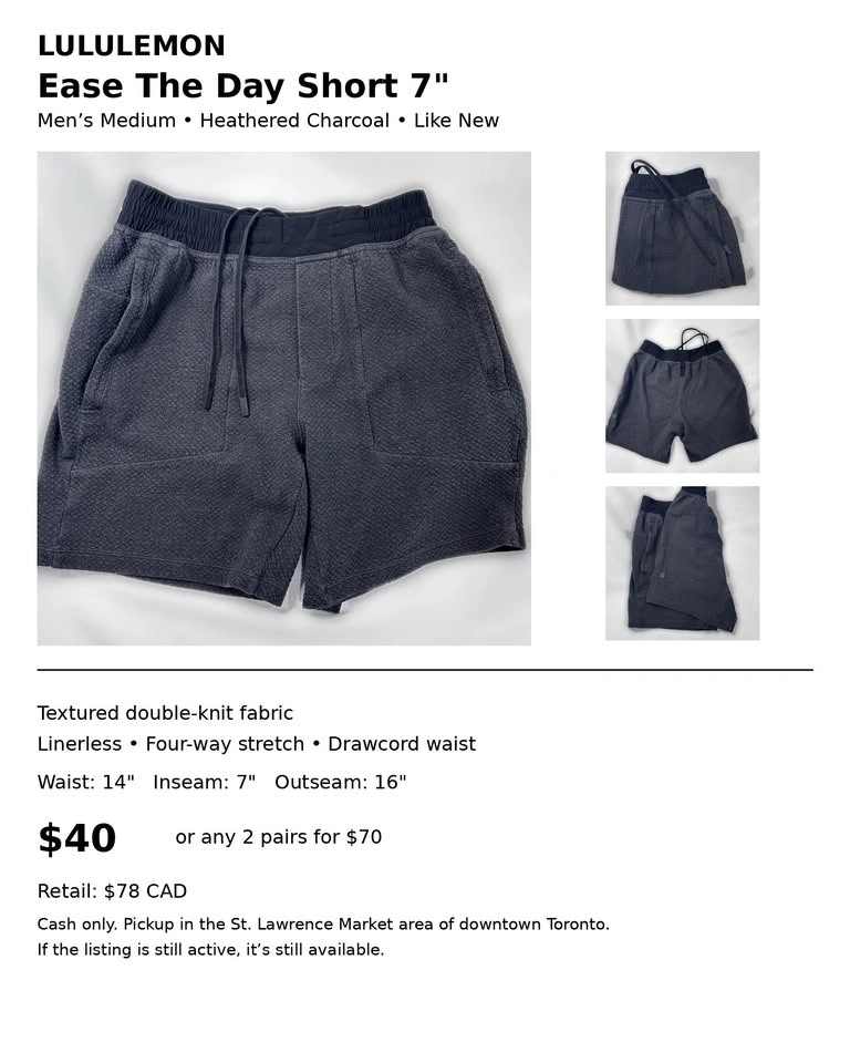 Lululemon Ease The Day Short 7" - Men's Medium - Charcoal