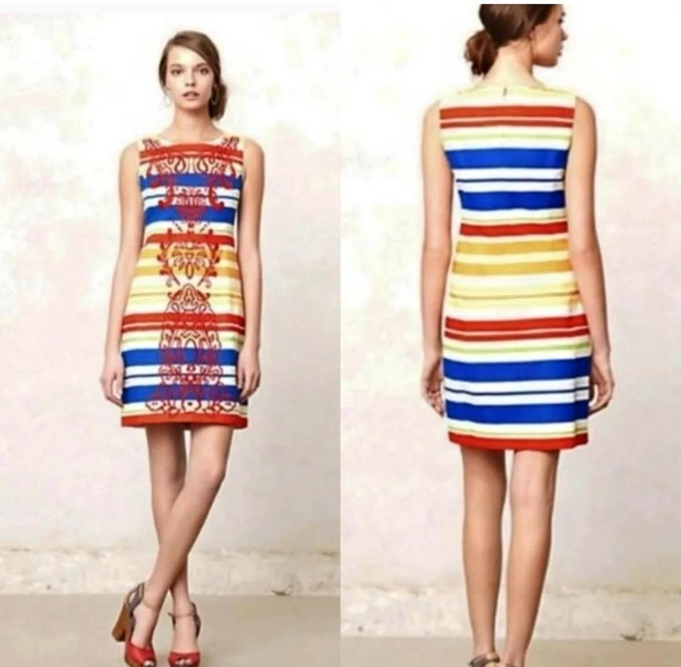 Anthropologie Tabitha Embroidered Cotton Striped Sheath Dress