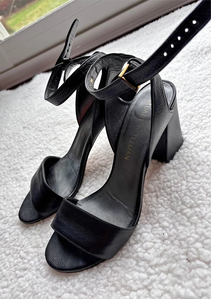 Stuart Weitzman Black Ankle-Strap Block Heel Sandals 7.5M
