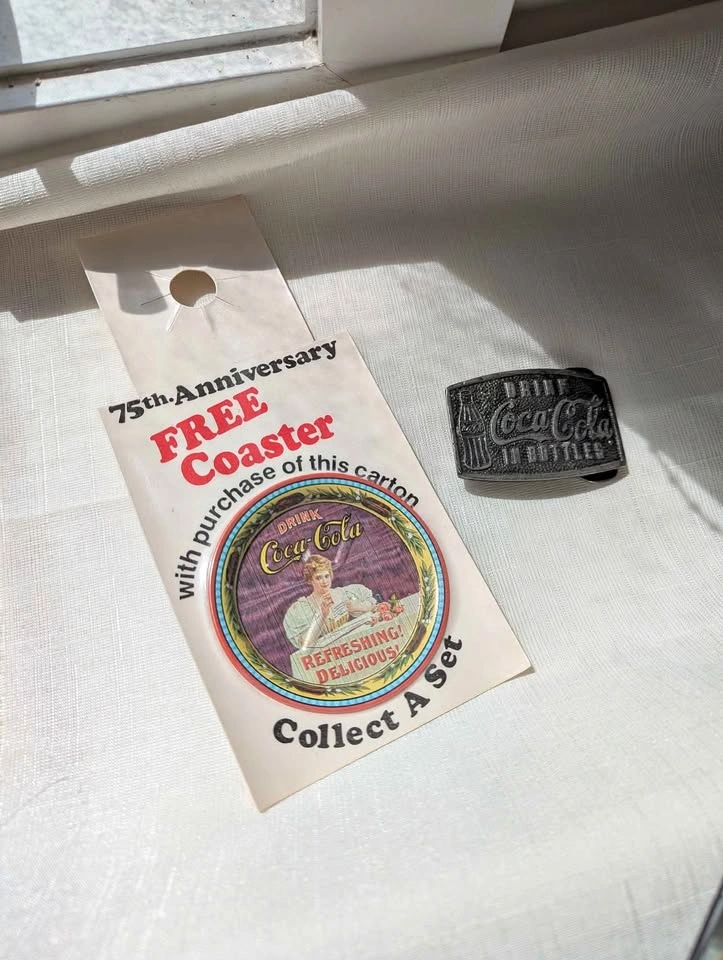 Coca Cola Belt Buckle & Coaster 1976 75th Anniversary
