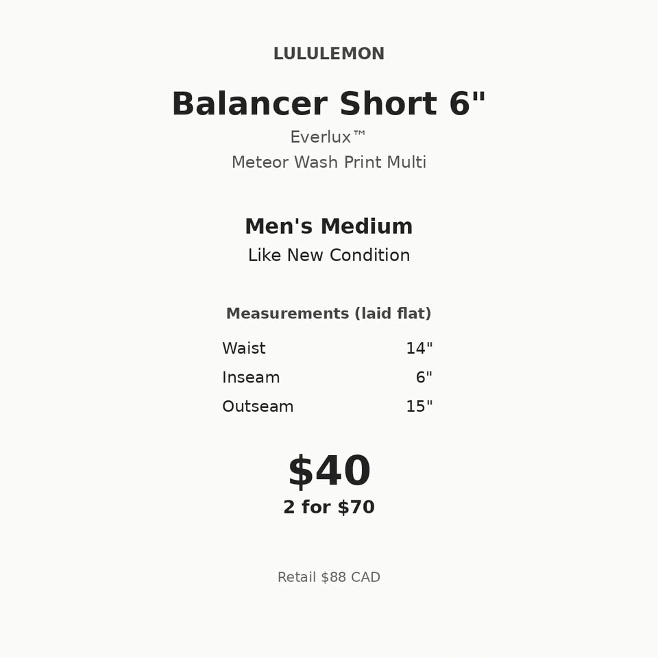 Lululemon Balancer Short 6" Everlux Men's Medium - photo 2
