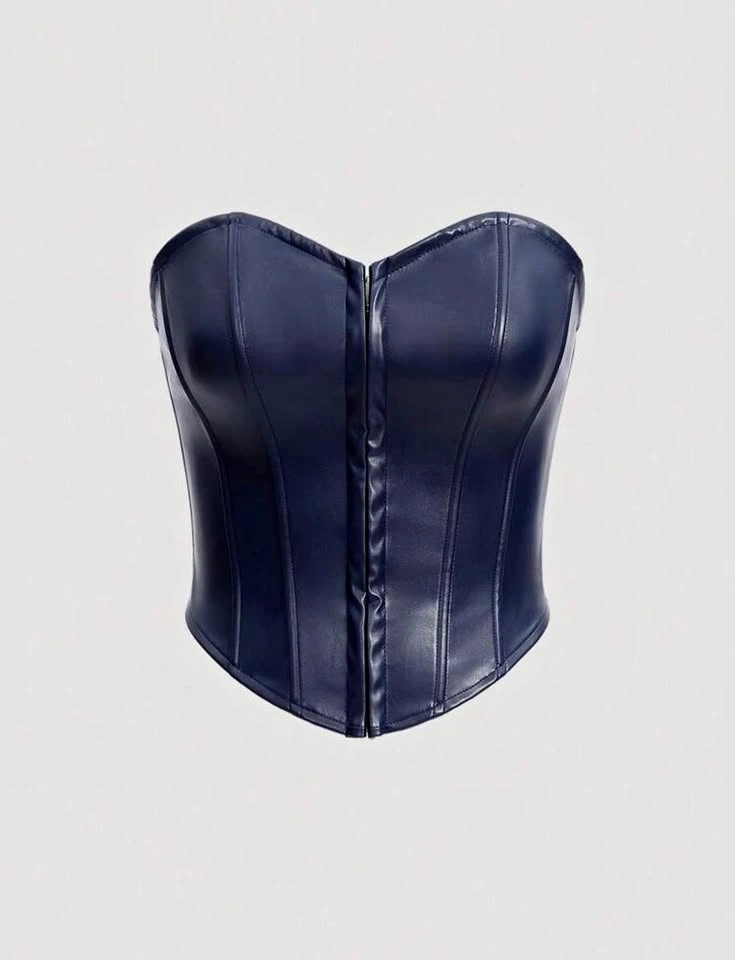 Navy Blue Faux Leather Corset Top