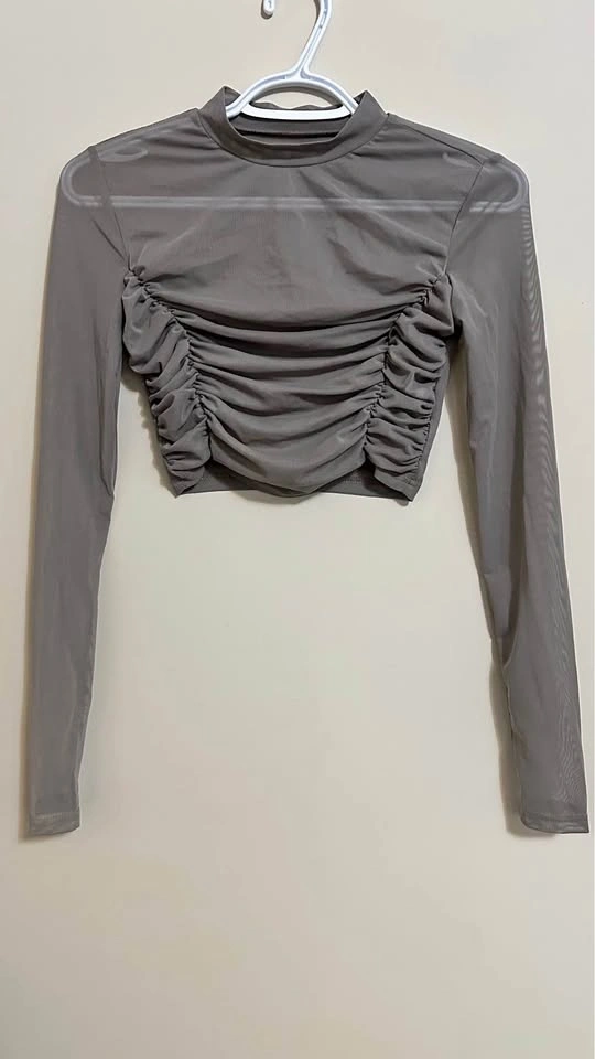 Ruched Mesh Long Sleeve Crop Top