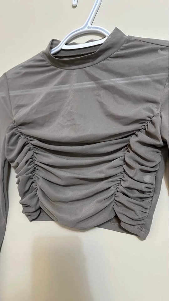 Ruched Mesh Long Sleeve Crop Top - photo 2