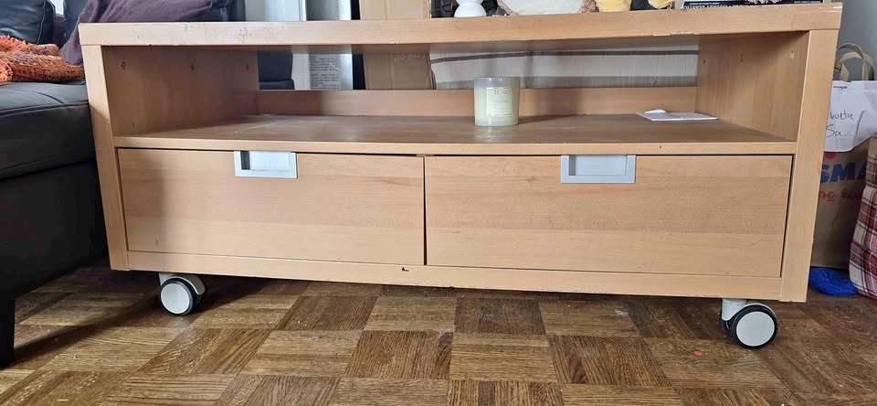 Wooden TV Table with Drawers on Wheels