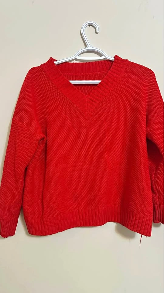 Red Knit V-Neck Sweater
