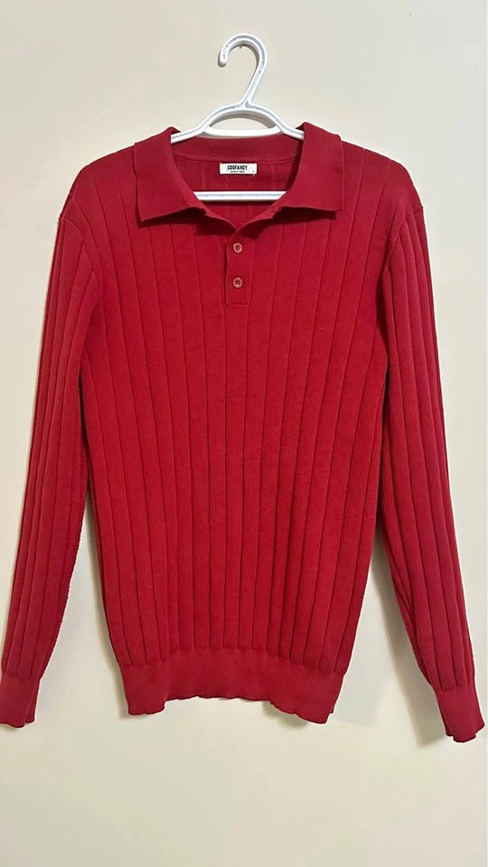 COOFANDY Men's Red Ribbed Knit Polo Sweater Size S
