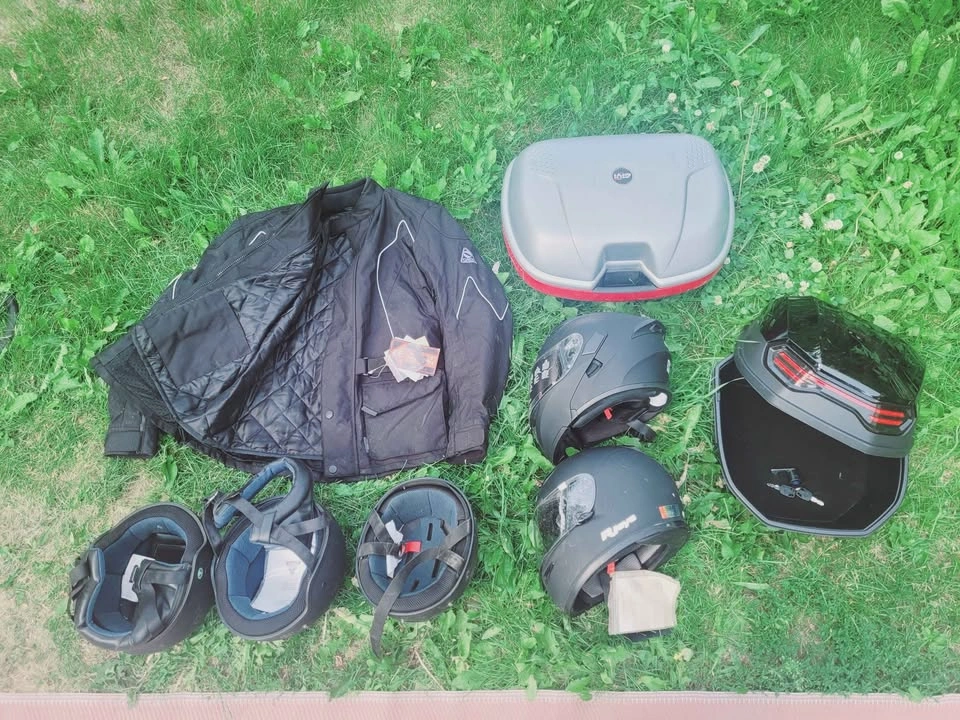Brand New Motorcycle Gear Bundle: Jacket, Helmets, Top Boxes